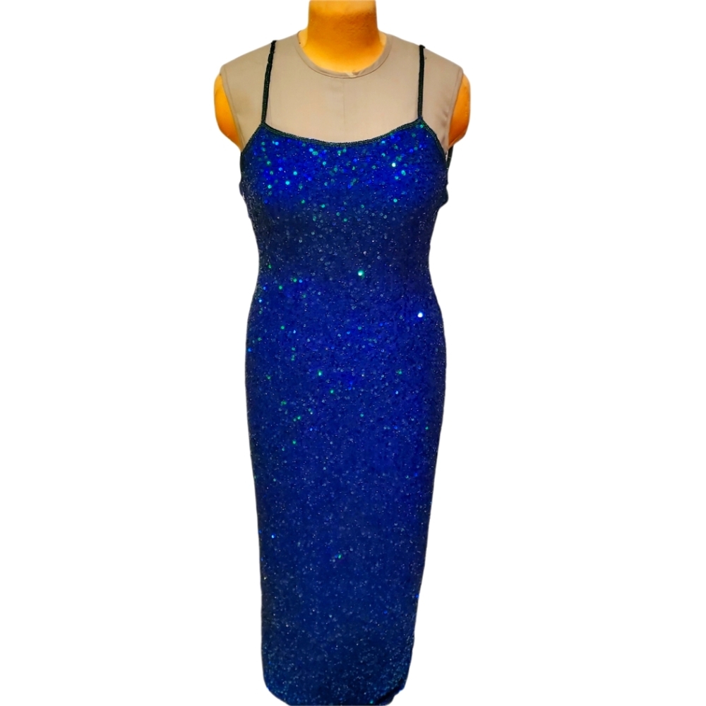 SCALA Blue and Turquoise Sequined Beaded Gown 10/8